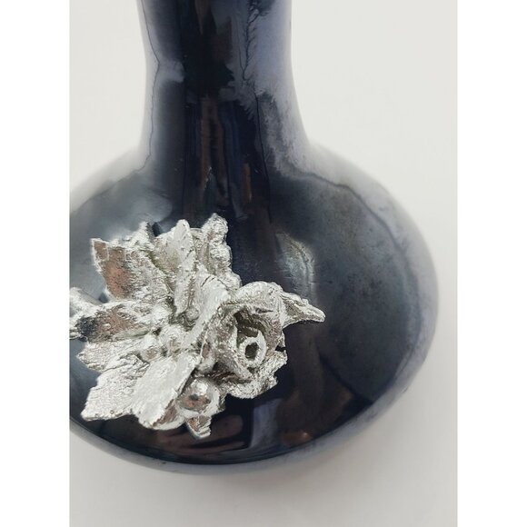 Murano Crystal Glass Vase With Silver Floral Accent 8 Inches Tall Black/Amethyst - Picture 6 of 10